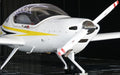 Front-quarter view of Diamond DA20-C1 N308EF, the spin-training airplane, in the hangar at Van Nuys
