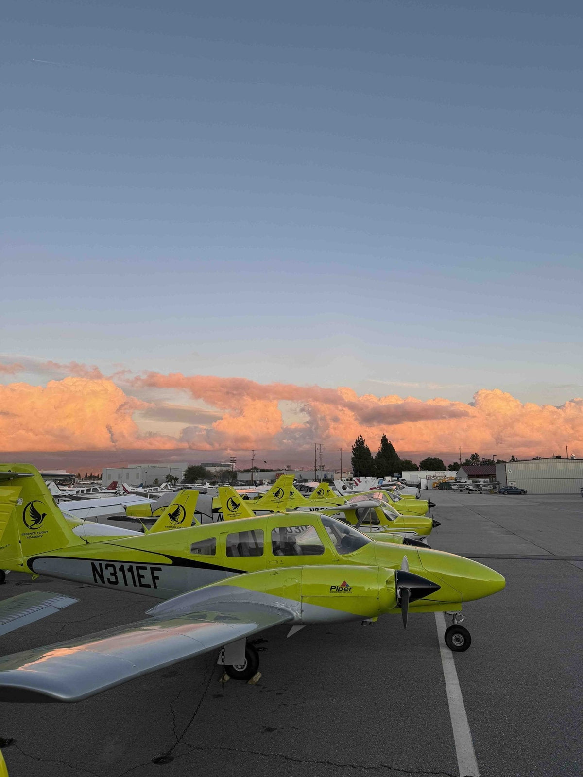 Training airplanes at Van Nuys Airport at sunset before a two-hour Malibu coast discovery flight for two